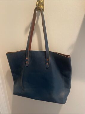 Classic Navy Leather Tote with Brown Trim